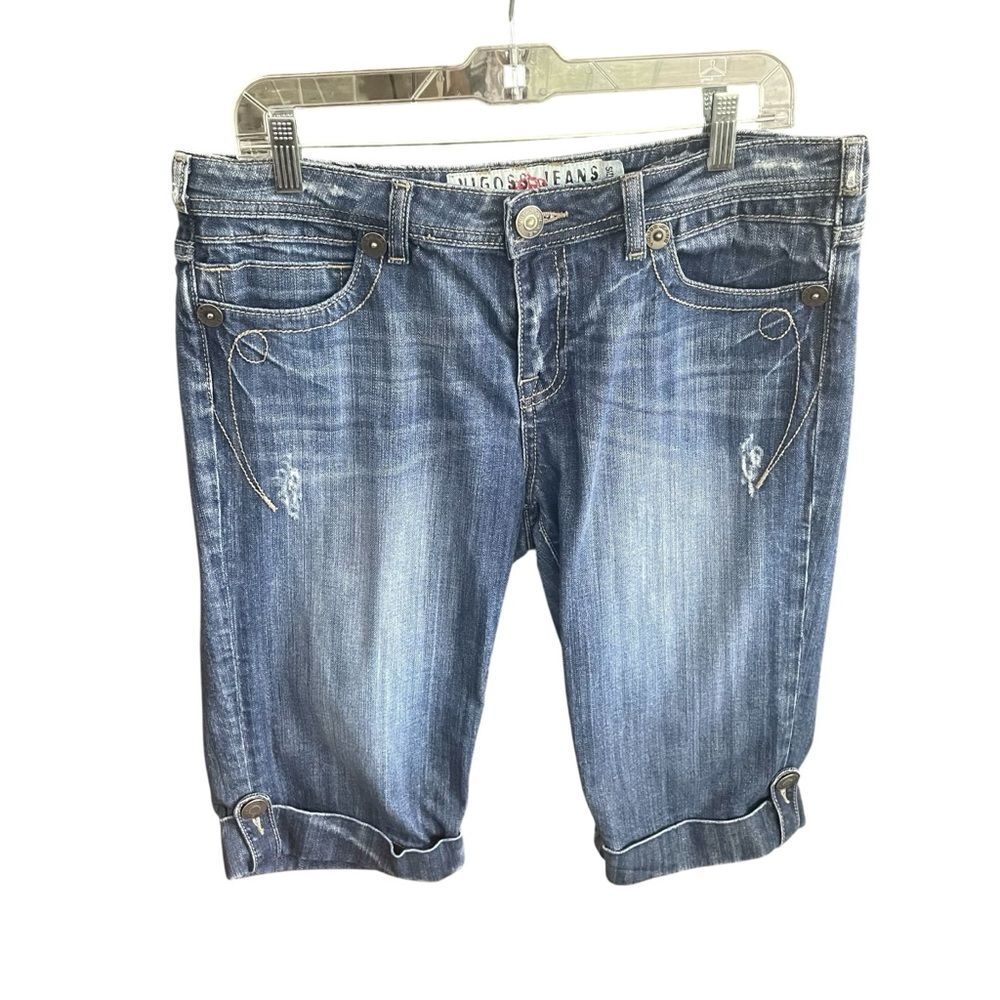 Vigoss Bermuda Cuffed Boho Factory Distressed Jean Shorts Women's 12/14 Waist 32